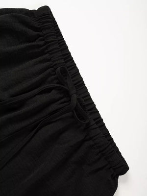 Black maternity pants with drawstring waist and wide legs