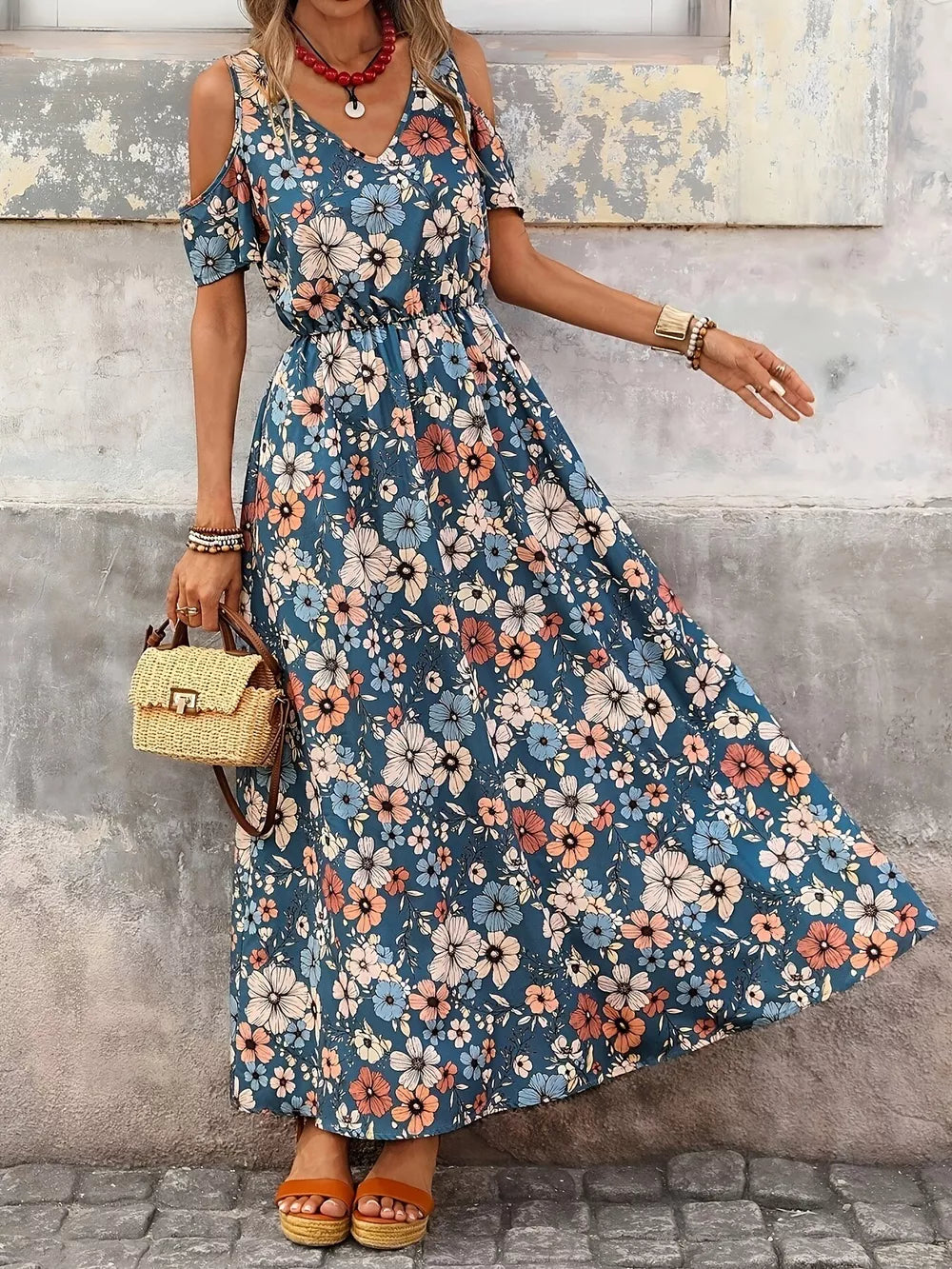 Cold Shoulder Floral Print Maxi Dress in Black, product detail