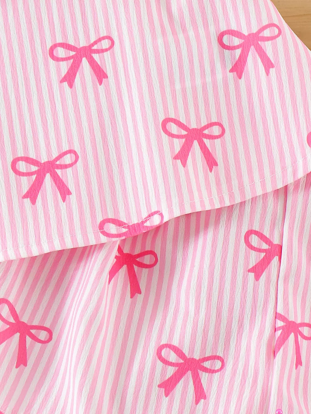 Children's Striped Bow Cami And Shorts Set in Pink, close-up detail