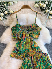 Green paisley print cami with smocked back and wide-leg pants set.
