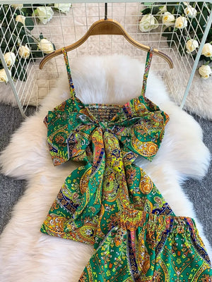 Green paisley print cami with smocked back and wide-leg pants set.