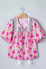 Floral Print Short Sleeve Tassel Tie Blouse in Fuchsia Pink, fit detail