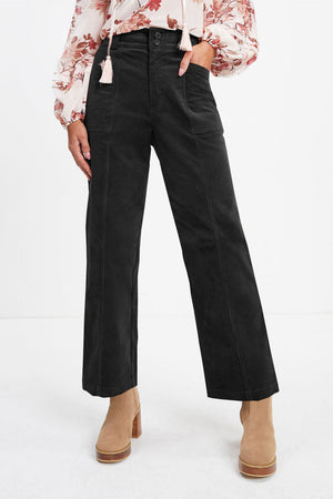 Black seamed front wide leg trousers with button closure and patch pockets.