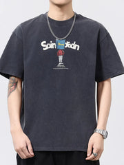Men's relaxed fit graphic t-shirt in dark gray cotton with a front print.