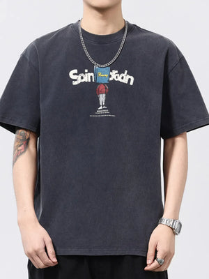 Men's relaxed fit graphic t-shirt in dark gray cotton with a front print.