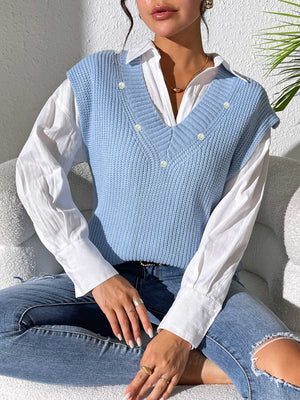 Light blue ribbed knit sleeveless V-neck vest with pearl embellishments.