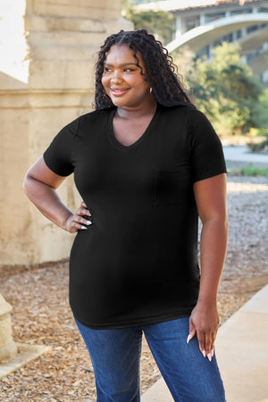 Black V-neck pocket tee with short sleeves and a relaxed fit.