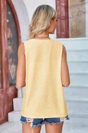 Yellow eyelet drape front vest with pockets, sleeveless, casual breezy style