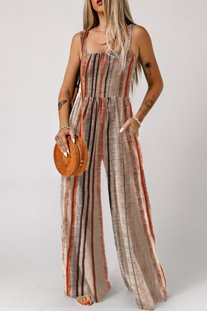 Striped square neck wide-leg romper with pockets and a relaxed fit.