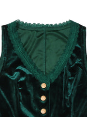 Green velvet button-down vest with lace trim and gold buttons