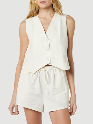 White linen vest and drawstring shorts set with button closure