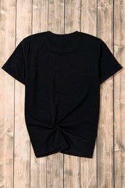 Black t-shirt with short sleeves and a knotted hem detail.