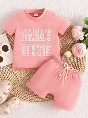 Children's Letter Round Neck Tee And Shorts Set in Light Green, view 12