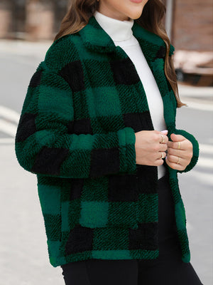Plaid sherpa overshirt jacket in dark green and black with a button front and collar.