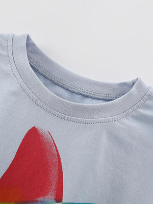 Light blue cotton blend toddler boys' t-shirt with a vibrant shark fin graphic.