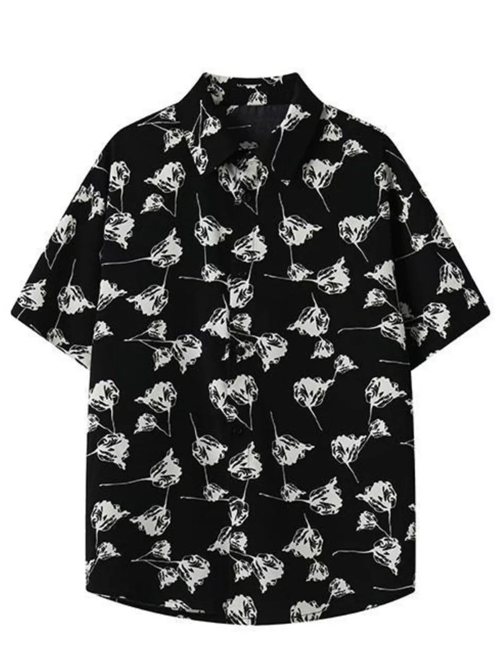Men's black oversized short sleeve shirt with white floral print