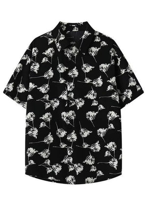Men's black oversized short sleeve shirt with white floral print