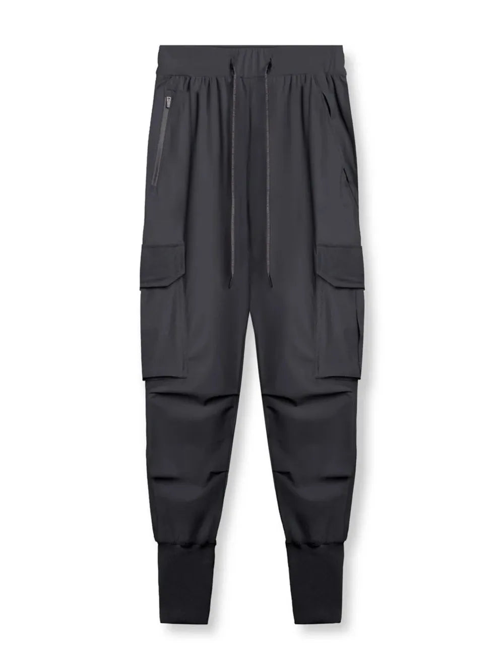 Black technical cargo joggers with zippered pocket and ribbed cuffs