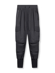 Black technical cargo joggers with zippered pocket and ribbed cuffs