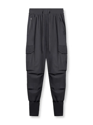 Black technical cargo joggers with zippered pocket and ribbed cuffs