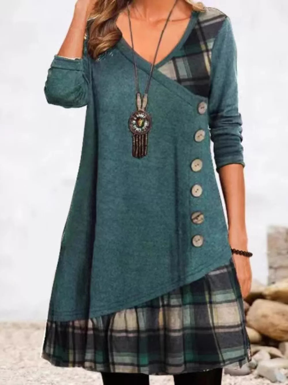 Asymmetrical Plaid Patchwork Long Sleeve Dress in Black, fabric detail