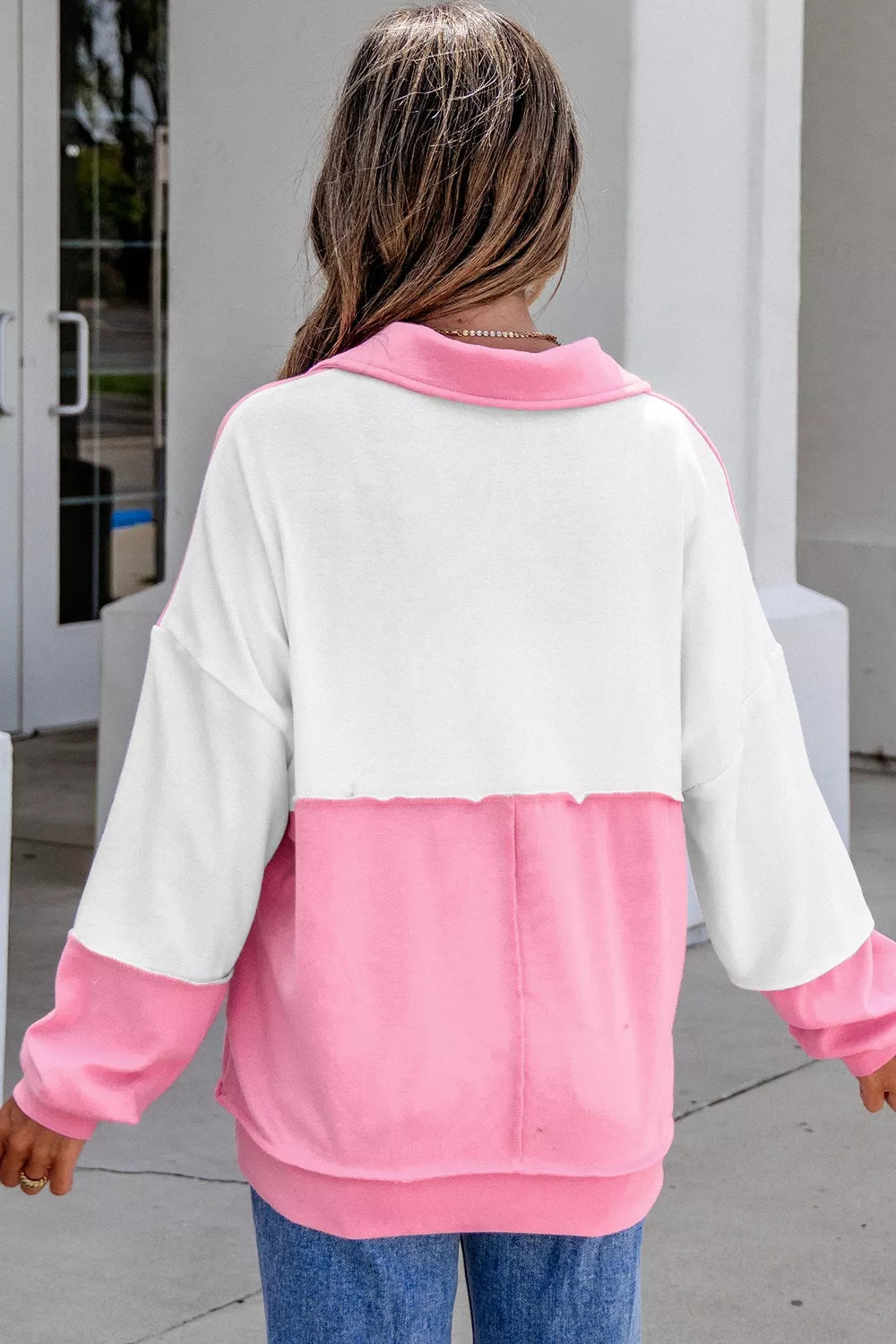 Color Block Ricrac Trim V Neck Long Sleeve Top in Pink, close-up detail