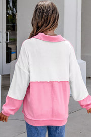 Color Block Ricrac Trim V Neck Long Sleeve Top in Pink, close-up detail