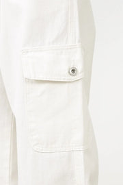 White 100% cotton wide leg cargo pants with pleated detail and buttoned flap pocket.