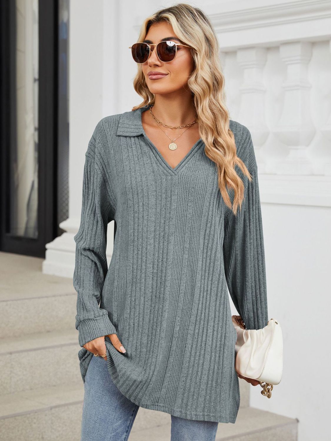 Light Gray ribbed knit collared tunic top with long sleeves and slit hem.