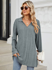 Light Gray ribbed knit collared tunic top with long sleeves and slit hem.