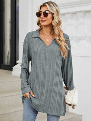 Light Gray ribbed knit collared tunic top with long sleeves and slit hem.