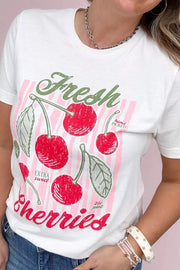 White oversized maternity tee with vintage cherry graphic and pink stripes.