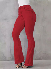 Red high-waisted flare jeans with buttoned closure and cotton spandex material.