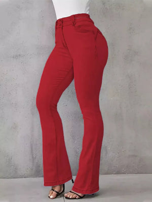 Red high-waisted flare jeans with buttoned closure and cotton spandex material.