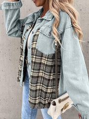 Light blue denim jacket with plaid paneling and button details.