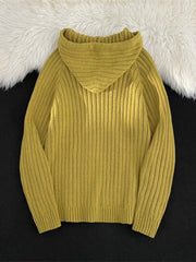 Yellow ribbed knit hooded sweater with a cowl neck and long sleeves.