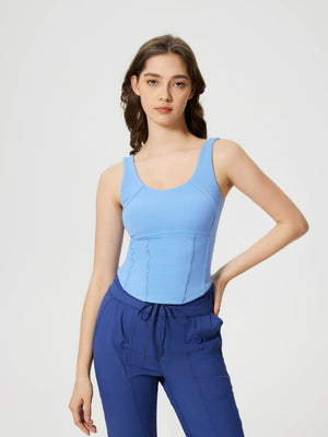 Light blue sculpted seam tank top with built-in support and scoop neckline.