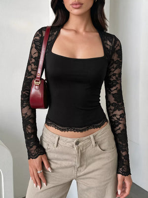 Lace Sleeve Square Neck Top in Black, back view