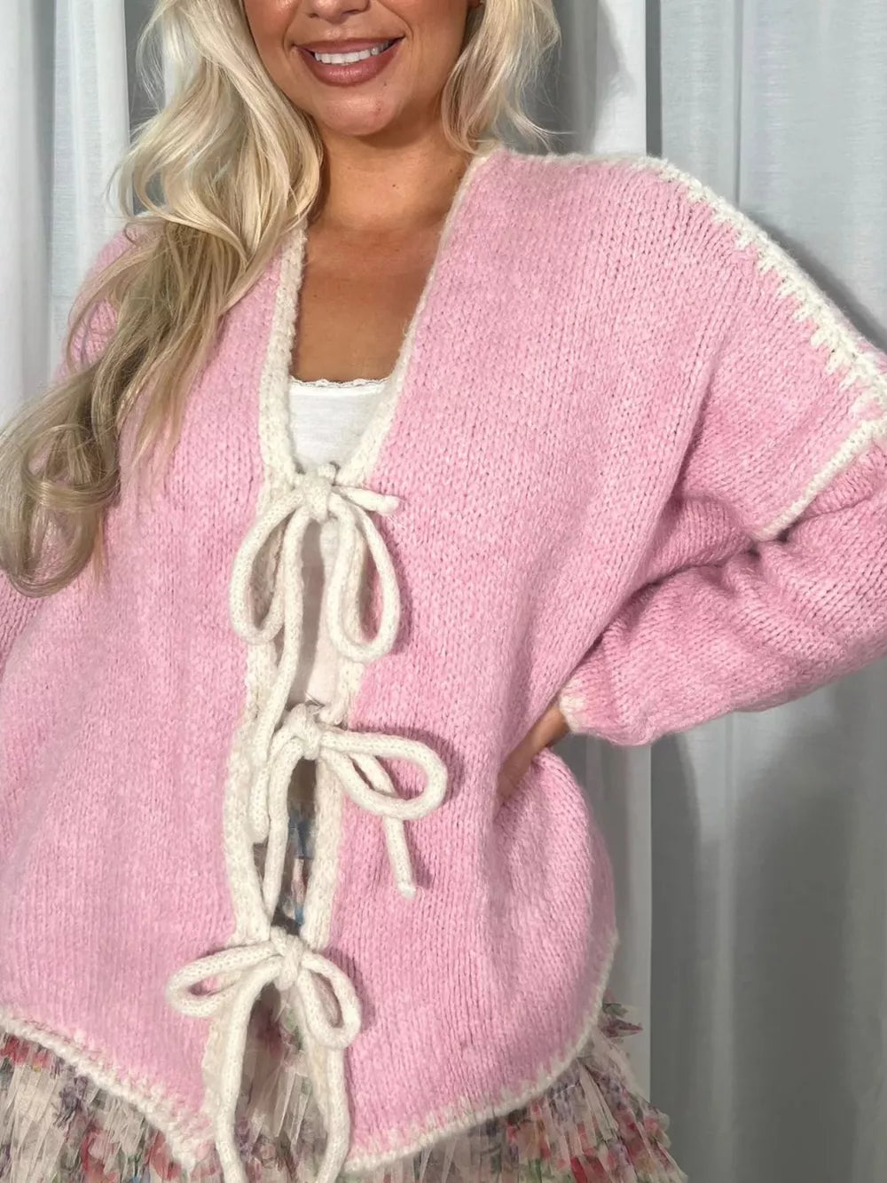 Tie Front Drop Shoulder Cardigan in White, model styling view
