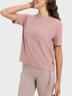Dusty Pink jersey t-shirt with side tie detail and short sleeves.