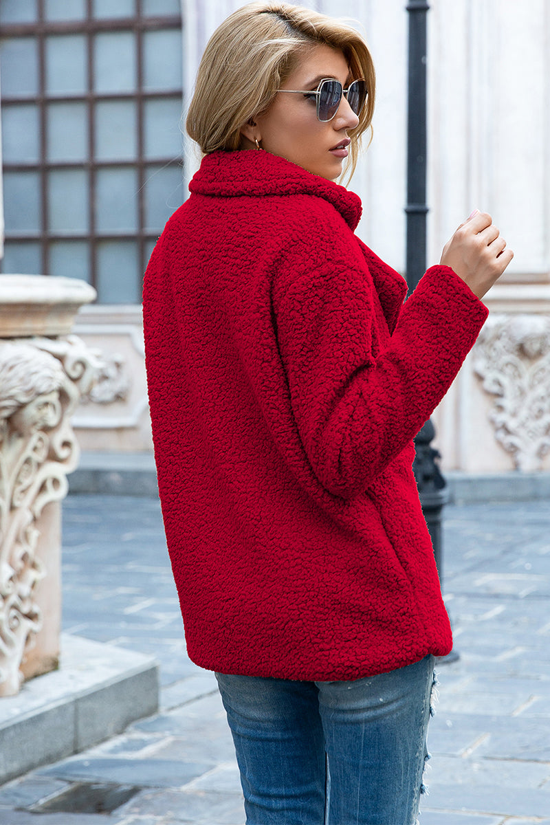 Deep Red teddy pea coat with a textured fleece fabric and wide lapels.