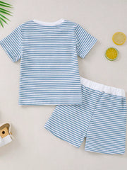 Blue and white striped baby tee and shorts set with white trim.