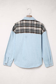 Light blue denim shirt jacket with plaid panel detail on shoulders and back.
