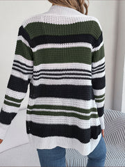 Colorblock open-front knit cardigan with horizontal stripes in army green, black, and white.