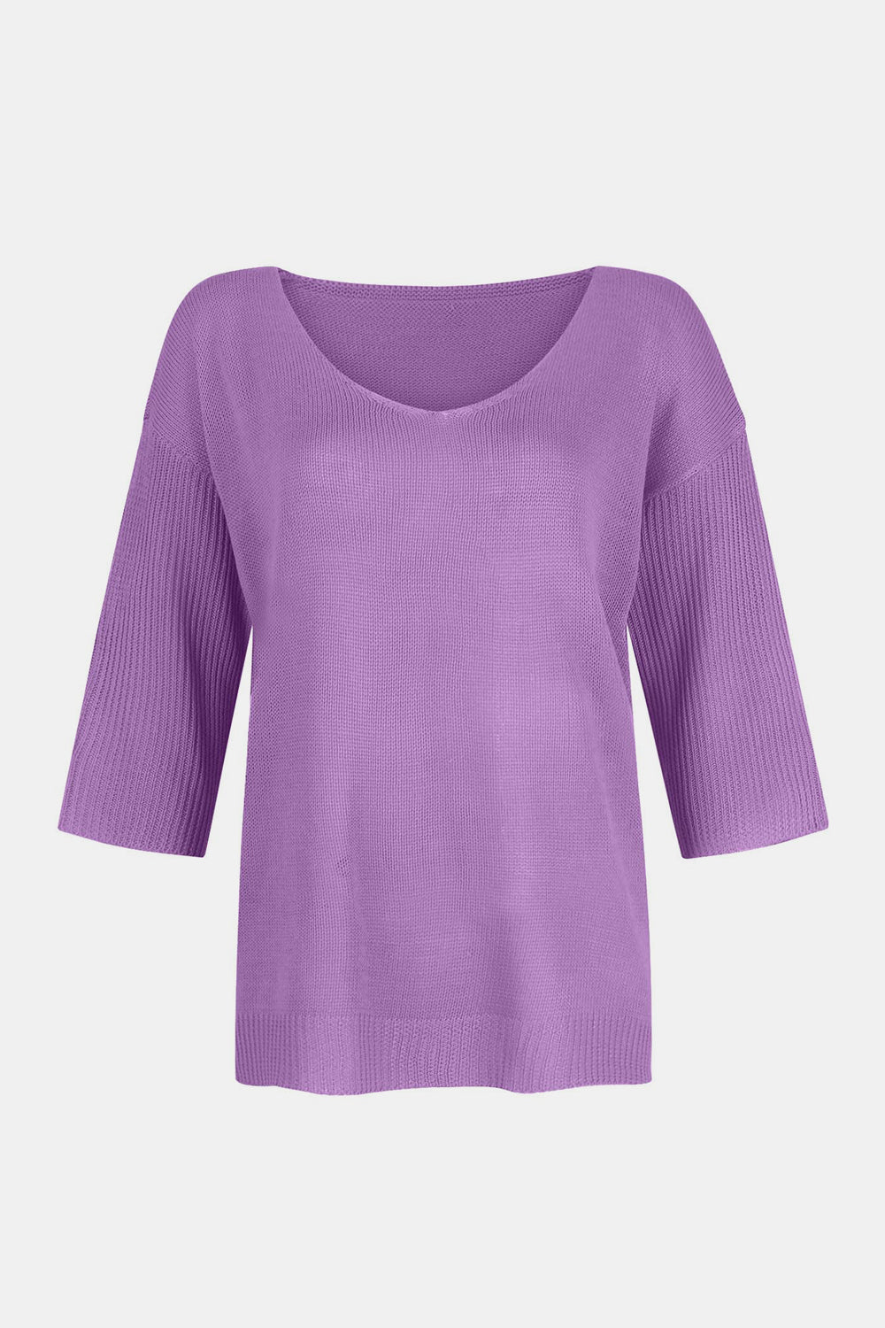 Lavender V-neck knit sweater with flared 3/4 sleeves and ribbed cuffs.