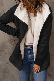 Black suede-effect jacket with sherpa collar and lining, open front, casual style