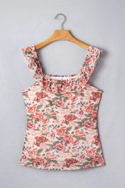 Floral ruffle-trimmed tank top in polyester with a smocked neckline and ruffled straps.