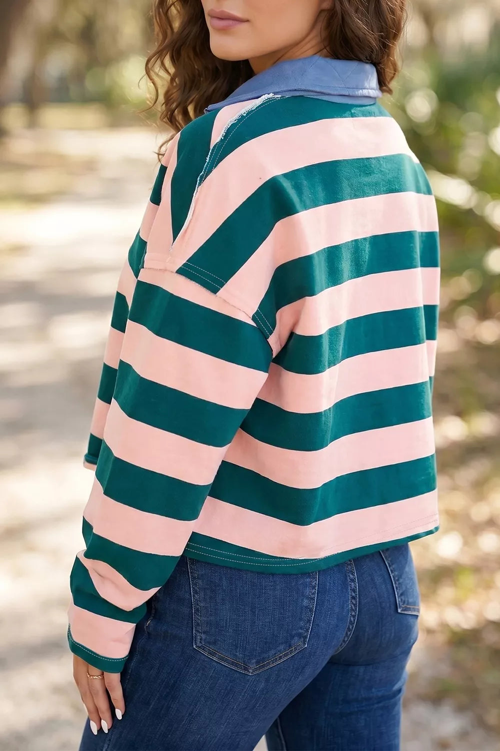Stripe Quarter-zip Metal Zipper Top, side view