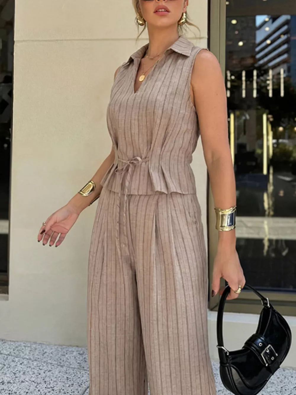 Tied waist linen blend set with collared sleeveless top and wide-leg pants, beige pinstripe