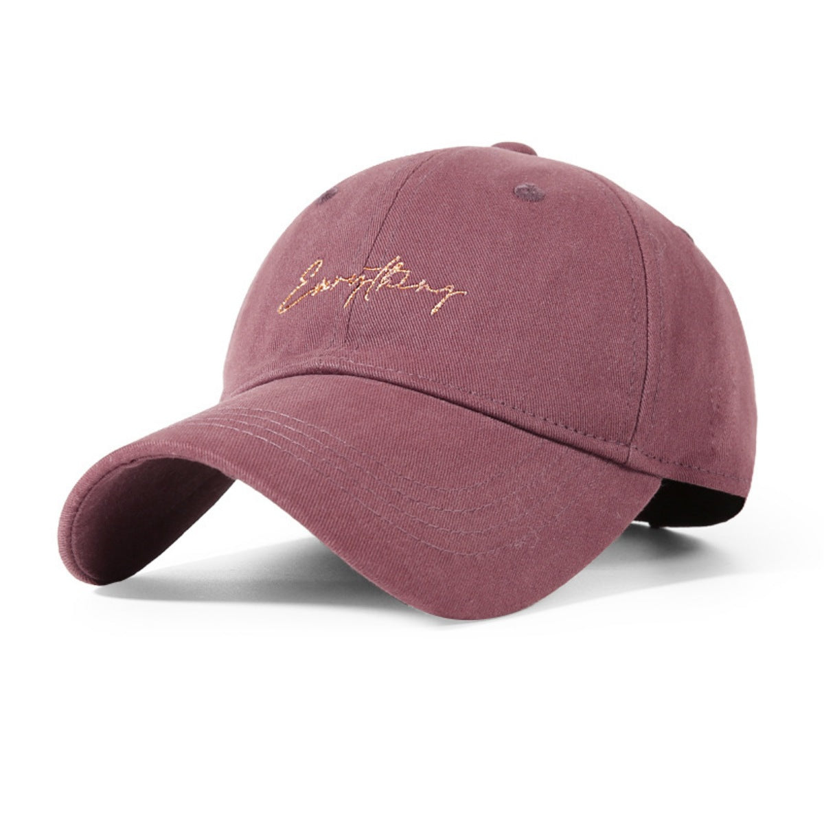 Purplish red cotton baseball cap with gold cursive embroidery